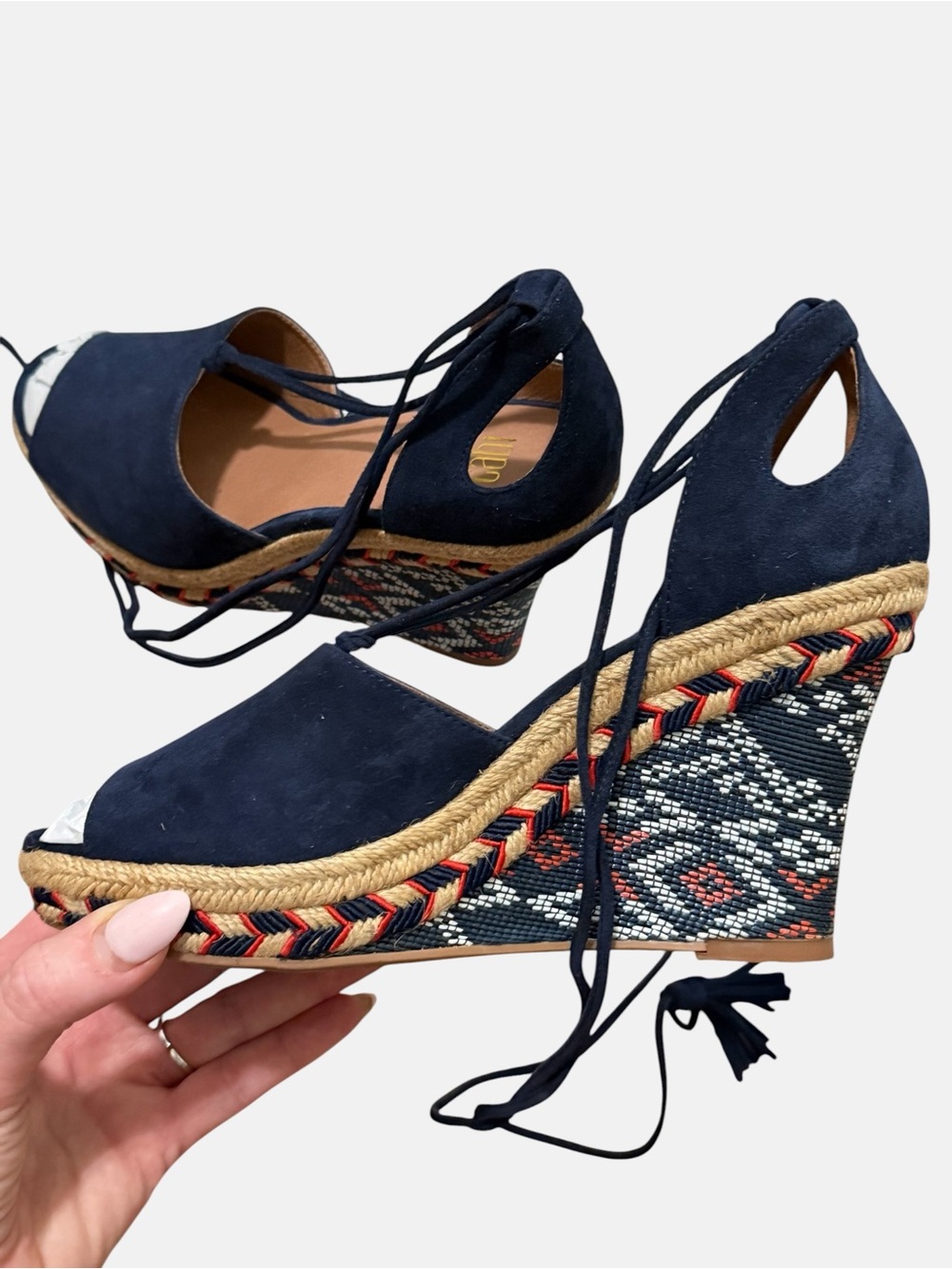 Cabi Isla Navy Suede Espadrille Wedge Sandals - Geometric Boho Ankle Tie Size 7 - Picture 7 of 14